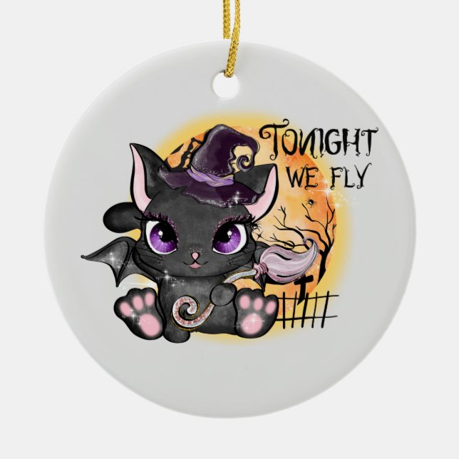 Tonight We Fly – Black Witch Cat Ceramic Tree Decoration (Front)