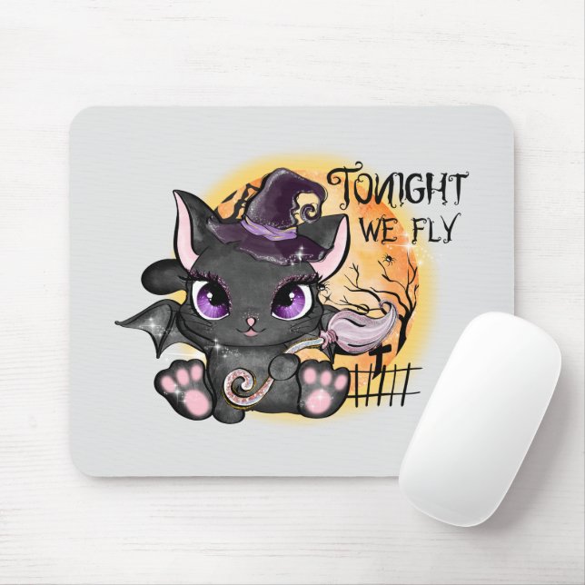 Tonight We Fly – Black Witch Cat Mouse Mat (With Mouse)