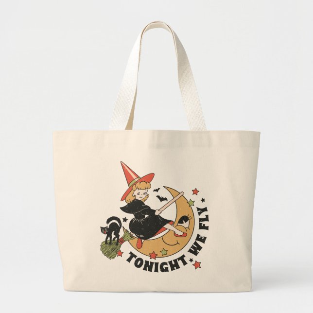 Tonight We Fly – Cute Witch and Black Cat Large Tote Bag (Front)