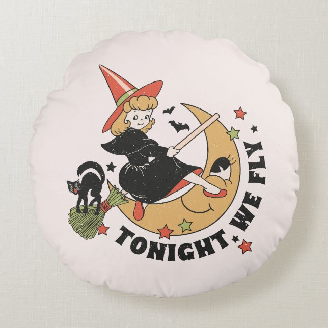 Tonight We Fly – Cute Witch and Black Cat Round Cushion (Front)