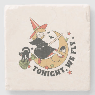 Tonight We Fly – Cute Witch and Black Cat Stone Coaster