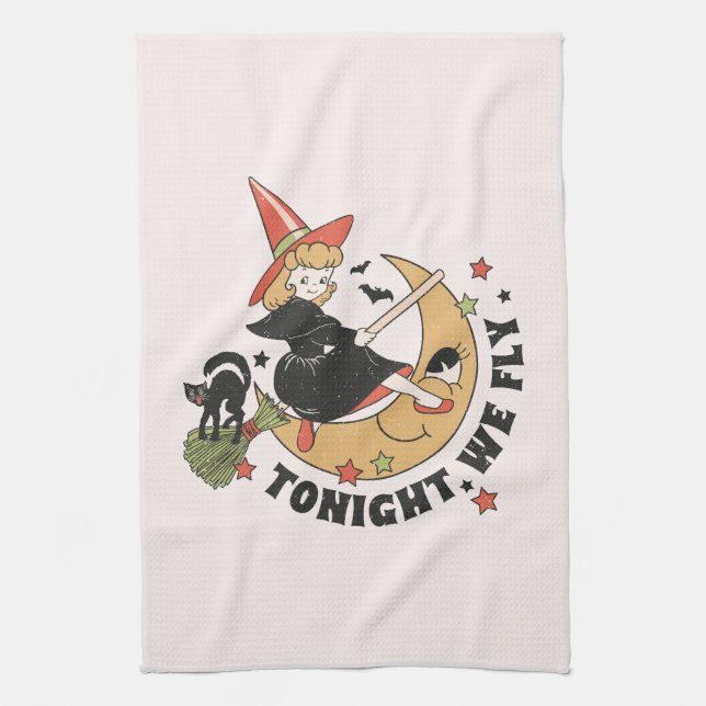 Tonight We Fly – Cute Witch and Black Cat Tea Towel (Vertical)