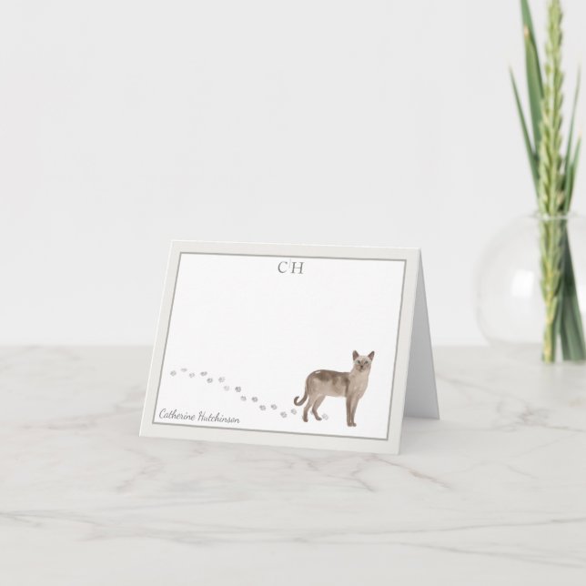 Tonkinese Cat Grey Border Monogram Name Note Card (Front)