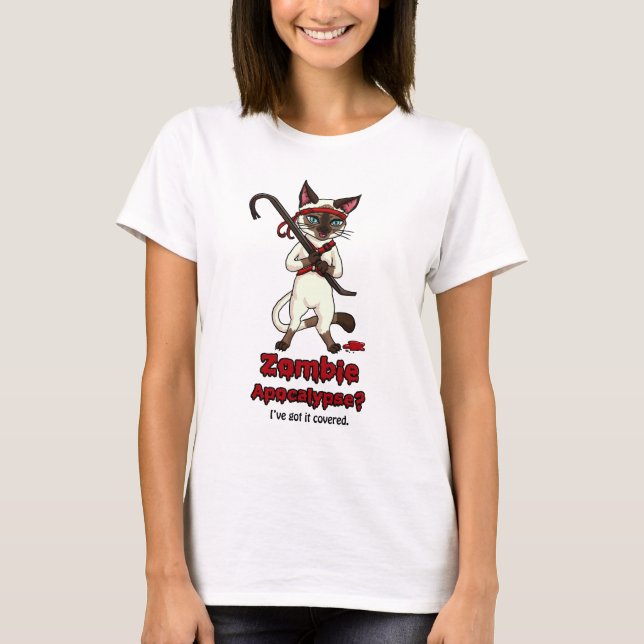 Tonkinese cat with crowbar zombie slayer T-Shirt (Front)