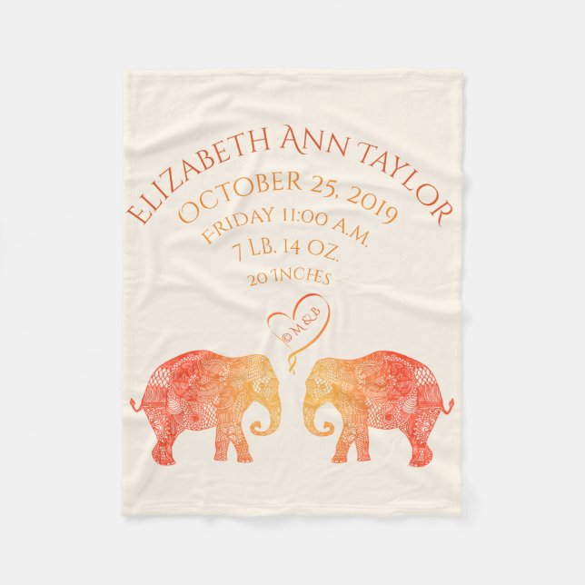 Tons of Love Baby Girl Birth Record Stats Elephant Fleece Blanket (Front)