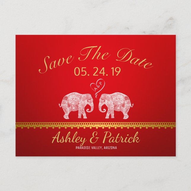 TONS OF LOVE-Elephant Couple Indian Save the Date Announcement Postcard (Front)