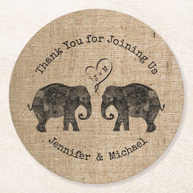 TONS OF LOVE | Elephant Couple Wedding Favour Round Paper Coaster (Front)