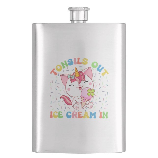 Tonsils Out, Ice Cream In | Unicorn Cat Hip Flask (Front)