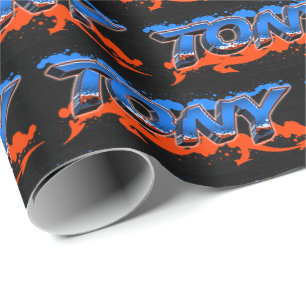 Tony Vorname Name Graffiti blue orange Wrapping Paper