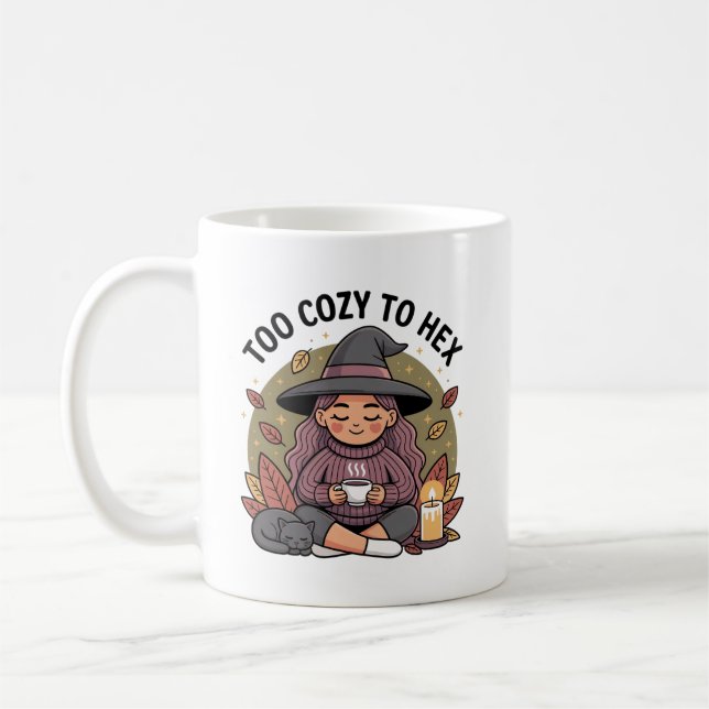 Too Cosy to Hex — Chibi Witch Tea Coffee Mug (Left)