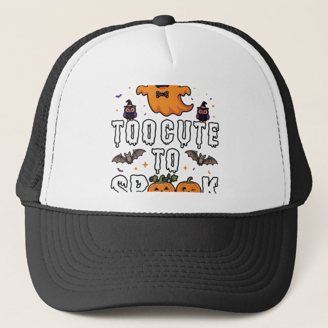 Too Cute Spook Halloween Orange Ghost Pumpkins Bat Trucker Hat (Front)