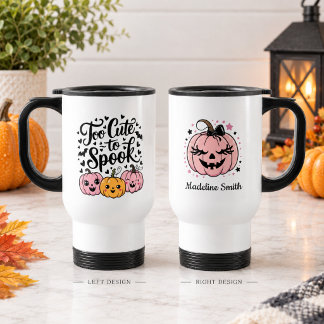 Too Cute To Spook Black & Pink Halloween Pumpkin Travel Mug