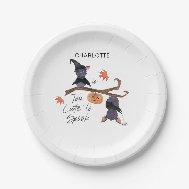 Too Cute to Spook Halloween Birthday Bats Name Paper Plate (Front)