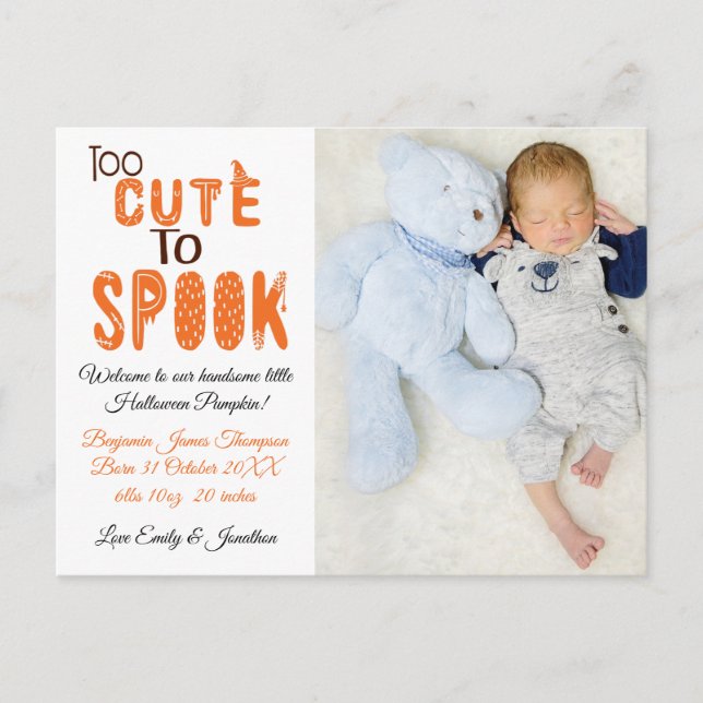 Too Cute To Spook Halloween Photo Baby Boy Announcement Postcard (Front)