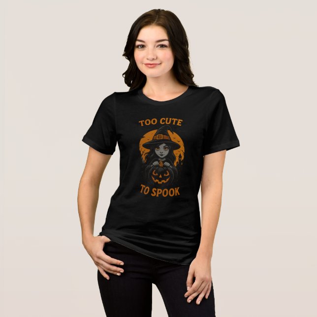 Too Cute to Spook Witch & Pumpkin Design Tri-Blend Shirt (Front Full)