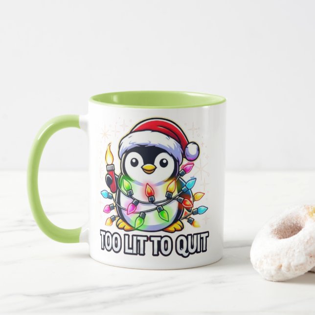 Too Lit to Quit Christmas Penguin Mug (With Donut)