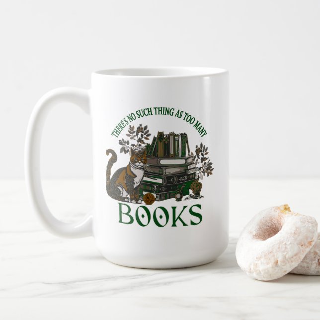 Too Many Books Green Floral Academia Mug (With Donut)