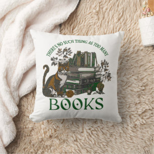 Too Many Books Green Floral Academia Throw Pillow