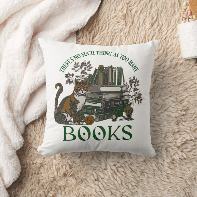 Too Many Books Green Floral Academia Throw Pillow (Blanket)