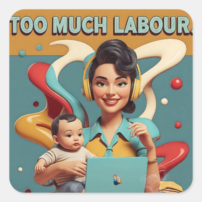 Too Much Labour – Retro Feminist Satire Design Square Sticker (Front)