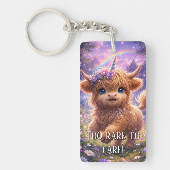 "Too Rare To Care" keychain Highland Cow Unicorn (Front)