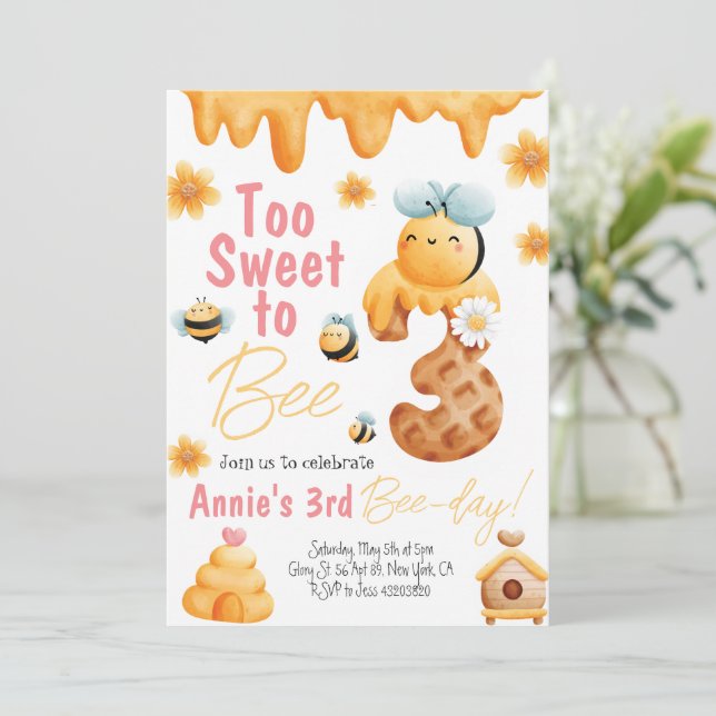 Too Sweet to be Three Girl Birthday Invitation (Standing Front)