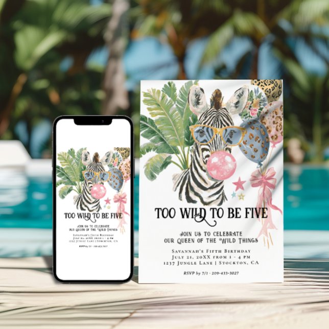 Too Wild to Be Five Zebra Jungle Birthday Invitation (Creator Uploaded)
