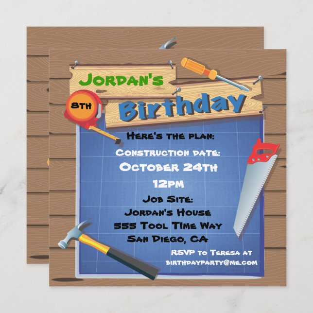 Tool Building Construction Birthday Party Invite (Front/Back)