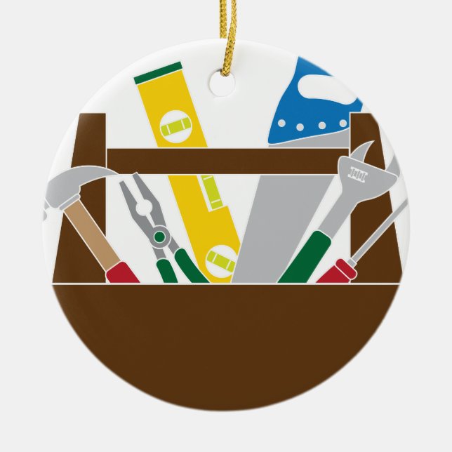 Toolbox with Construction Tools Colour Ceramic Tree Decoration (Front)