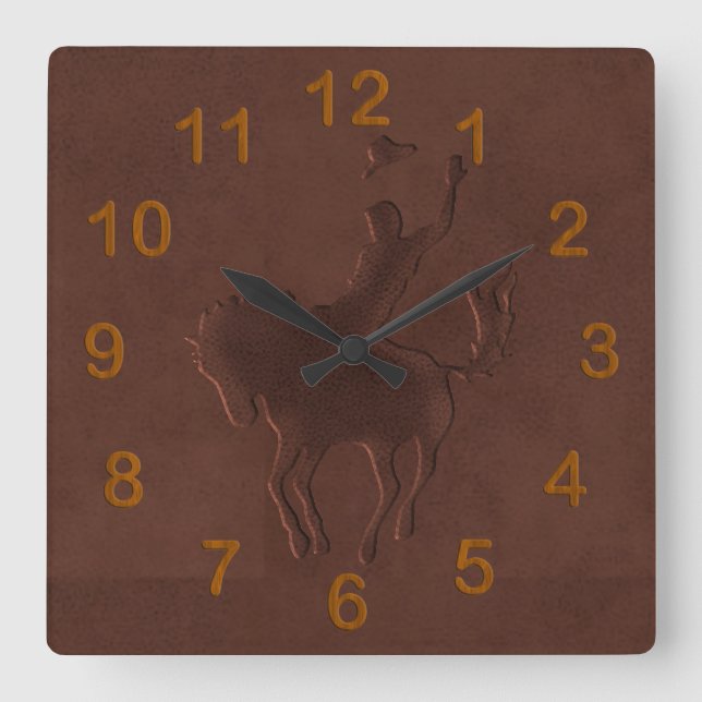 Tooled Leather Cowboy on Horse Square Wall Clock (Front)