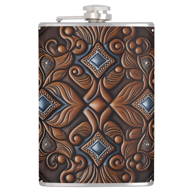 Tooled Leather Design Hip Flask (Front)