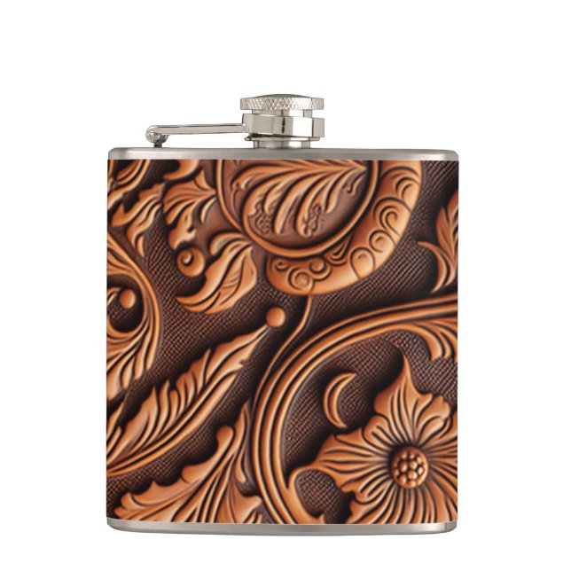Tooled Leather Design Hip Flask (Front)