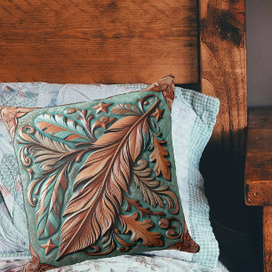  Tooled Leather Print Feathers Leaves  Cushion