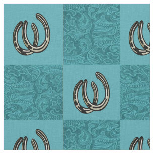 Tooled Leather Print Teal Block Print Horseshoes Fabric