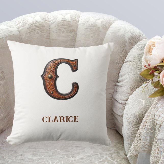 Tooled Western Leather Initial Monogram C Cushion (Creator Uploaded)