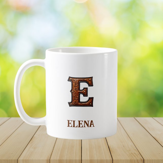 Tooled Western Leather Initial Monogram E Coffee Mug (Creator Uploaded)
