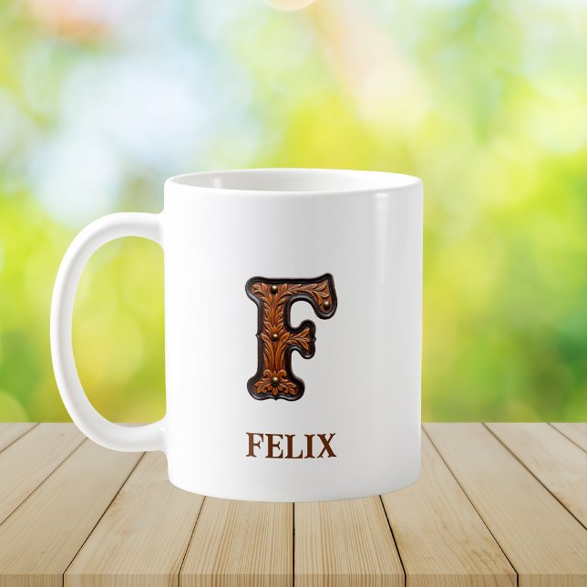 Tooled Western Leather Initial Monogram F Coffee Mug (Creator Uploaded)