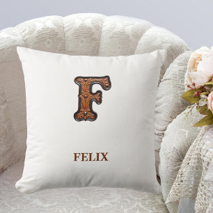 Tooled Western Leather Initial Monogram F Cushion