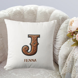 Tooled Western Leather Initial Monogram J Cushion