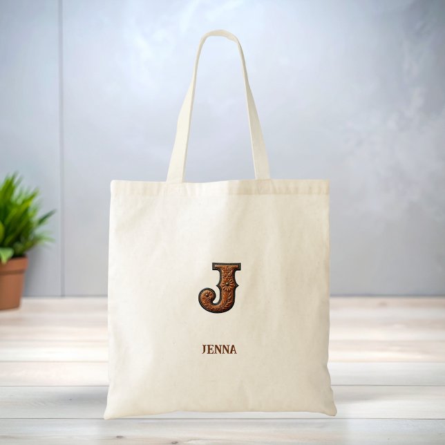 Tooled Western Leather Initial Monogram J Tote Bag (Creator Uploaded)