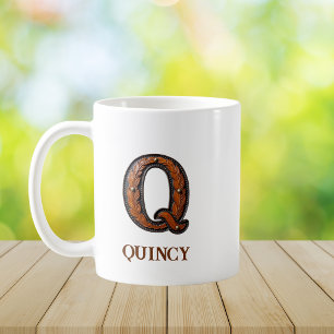 Tooled Western Leather Initial Monogram Q Coffee Mug