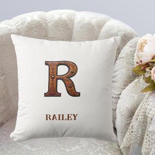 Tooled Western Leather Initial Monogram R Cushion