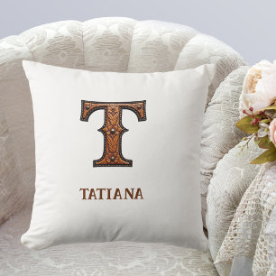 Tooled Western Leather Initial Monogram T Cushion