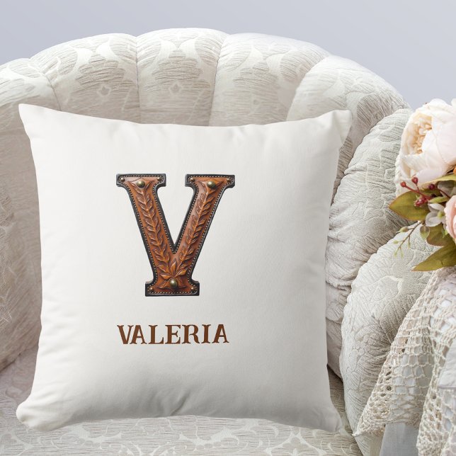 Tooled Western Leather Initial Monogram V Cushion (Creator Uploaded)