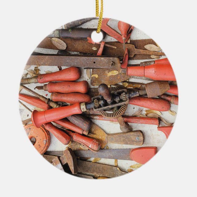 Tools Antique Rustic Red Man Tool Ceramic Tree Decoration (Front)