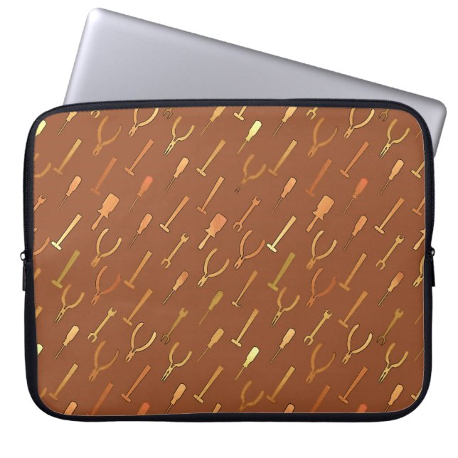 Tools, on chocolate brown laptop sleeve (Front)