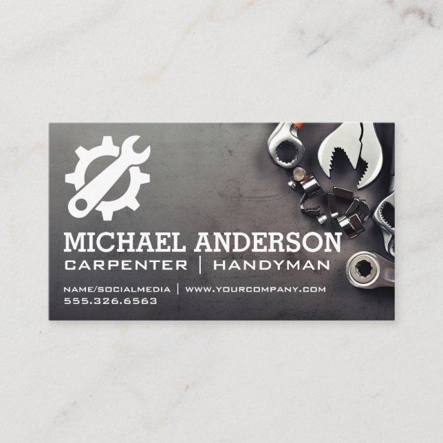 Tools on Table | Wrench Gear Logo Business Card (Front)
