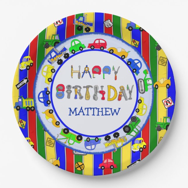 Tools, Trucks, Cars, Tractors Birthday Paper Plate (Front)