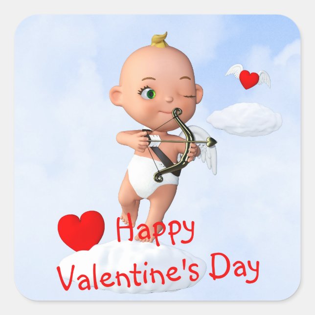 Toon Baby Cupid Flying with a Bow and Arrow Square Sticker (Front)