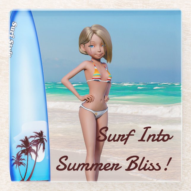 Toon Surfer Girl Posing on the Seashore Glass Coaster (Front)